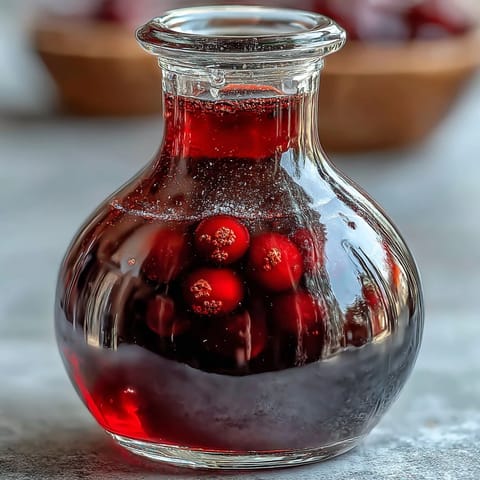 A chilled glass of Black Currant Rum Liqueur over ice cubes, garnished with fresh blackcurrants and a lemon twist.