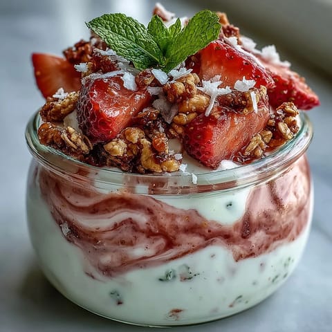 Homemade guava parfait topped with fresh sliced strawberries, diced kiwi, shredded coconut, and mint.