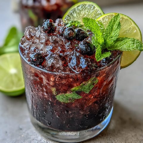This vegan Black Currant Mojito cocktail features muddled mint and a splash of soda water for a refreshing summer drink.