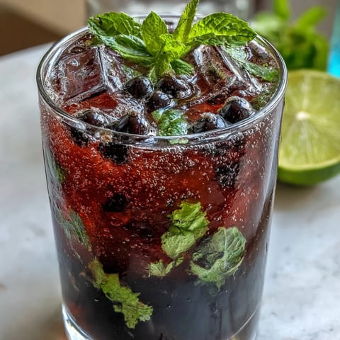 A vibrant Tangy Blackcurrant Mojito garnished with mint sprigs and fresh blackcurrants, ready to sip.