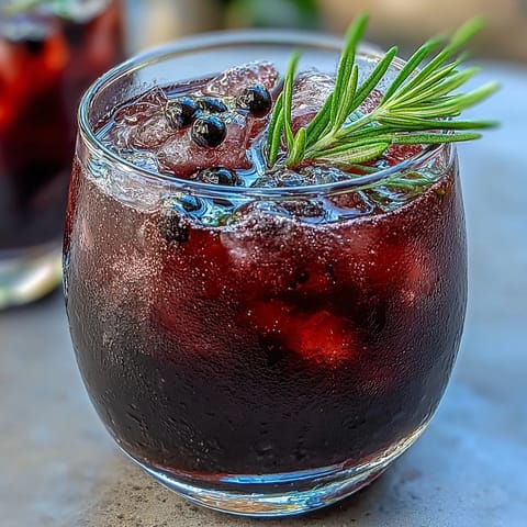 The ingredients for a Black Currant Rosemary Cocktail are arranged on a wooden board, featuring bourbon, lemon juice, and a sprig of fresh rosemary.