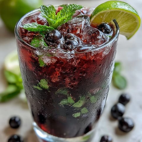 A vibrant Black Currant Mojito cocktail filled with crushed ice, mint leaves, and fresh lime wedges, garnished with fresh berries for a refreshing summer drink.
