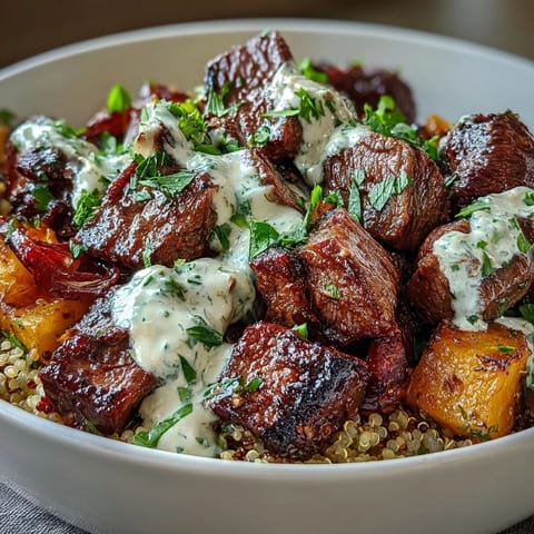 A fresh bowl of Savory Butternut Squash & Garlic Herb Steak Bowls topped with fluffy quinoa and parsley. 