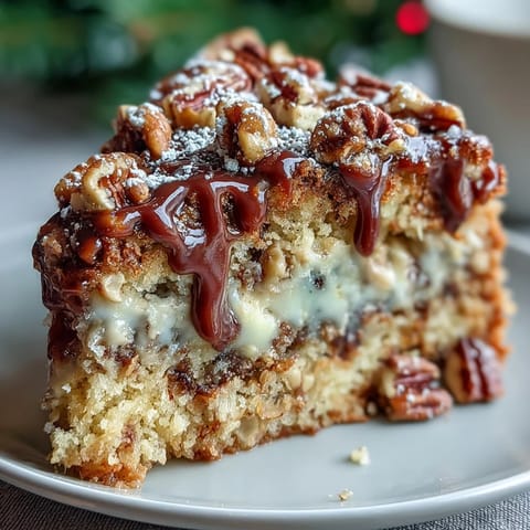Golden slices of Christmas Toffee Crunch Cake on a festive plate, showcasing buttery crumb, sticky toffee bits, and toasted pecans.