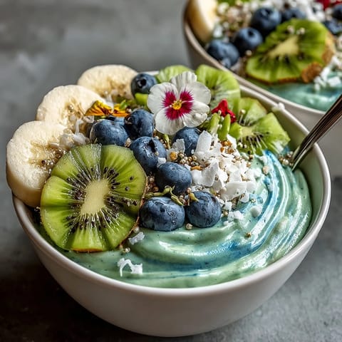 Close-up view of a whimsical healthy mermaid smoothie bowl with fresh fruit, seeds, and coconut flakes.
