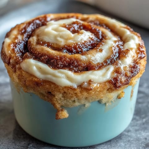 Swirled High-Protein Cinnamon Roll Mug Cake with gooey cinnamon sugar and tangy cream cheese frosting.
