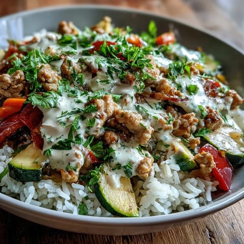 A close-up of Creamy Ranch Turkey & Veggie Skillet served over pasta, showing tender ground turkey, peas, and colorful peppers in a rich sauce.