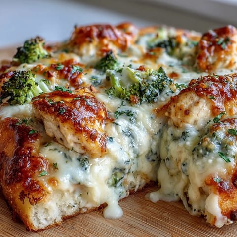 A close-up of Garlic Parmesan Chicken & Broccoli Pizza with a golden, crispy crust, creamy white sauce, tender chicken, and melted mozzarella.
