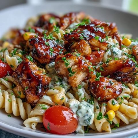 Freshly cooked honey BBQ chicken cubes rest atop a colorful bowl of Honey BBQ Chicken Pasta Salad, featuring rotini, red onion, and creamy dressing.