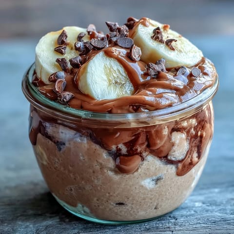 Chunky Monkey Overnight Chia Pudding topped with dark chocolate chips and chopped roasted peanuts, served chilled for a wholesome breakfast.