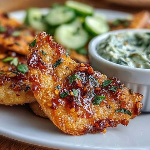 Golden-baked garlic naan triangles coated in spicy chili crisp, served with a cool, creamy Asian cucumber dip for a crunchy snack.
