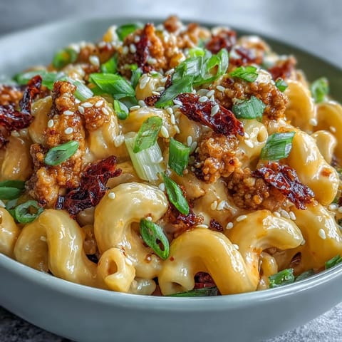 Korean-Style Turkey Mac & Cheese features cheesy elbows with spicy gochujang turkey crumbles and a golden finish.