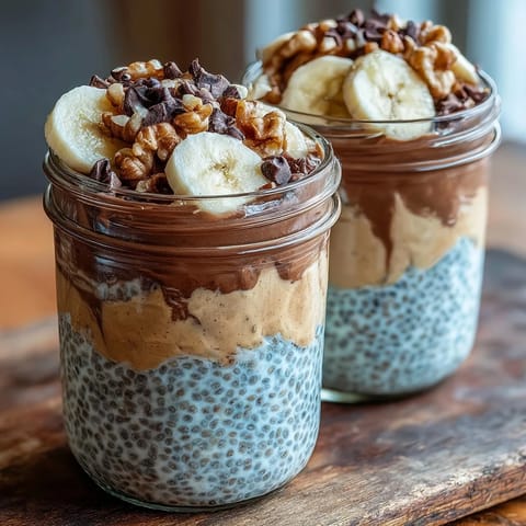 Thickened overnight, this Chunky Monkey overnight chia pudding showcases creamy banana slices and rich chocolate layers.