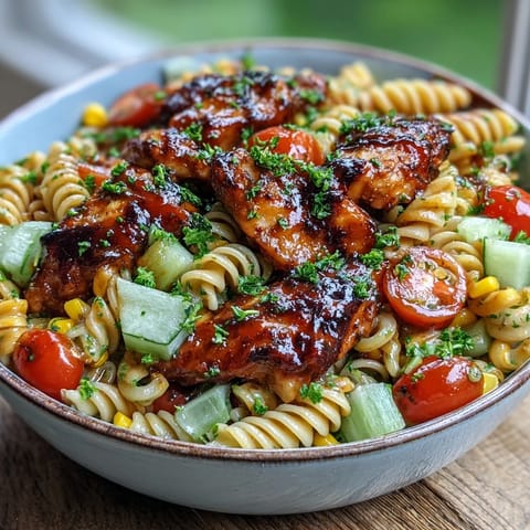Honey BBQ Chicken Pasta Salad features rotini noodles tossed with smoky dressing and crunchy celery and red bell peppers.