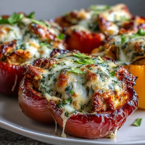 Golden Pesto Chicken Stuffed Sweet Peppers, a warm, bubbling appetizer served on a platter for parties.
