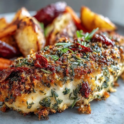 Fragrant herb-crusted chicken nestled among caramelized root vegetables, offering a wholesome and satisfying family meal.  