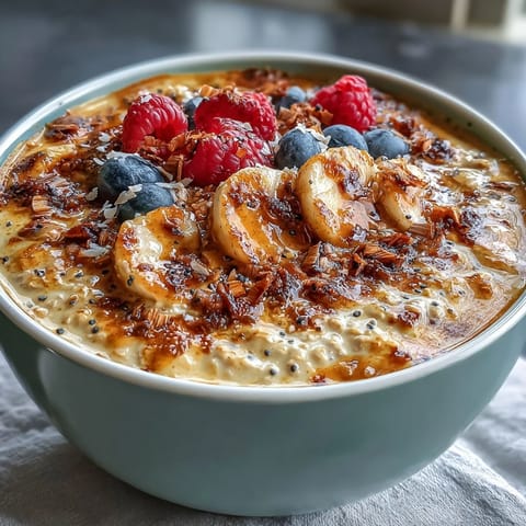 Creamy, anti-inflammatory overnight oats infused with turmeric, ginger, and cinnamon, served in a bowl with sliced banana and chia seeds.