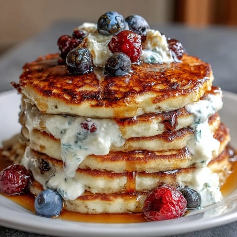 Fluffy berry protein pancakes topped with creamy Greek yogurt and fresh berries for a nourishing, high-protein breakfast.