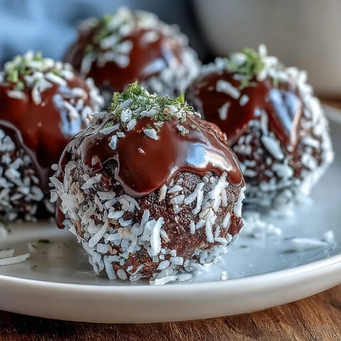 Smooth, luscious avocado chocolate truffles coated in tropical shredded coconut, perfect for vegan dessert lovers.