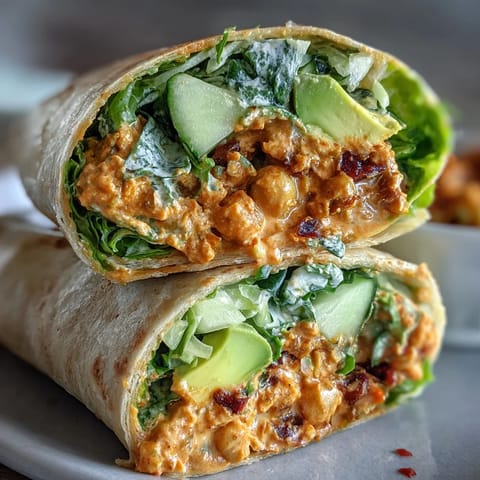 Spicy vegan buffalo chickpea salad wraps with crunchy veggies and creamy buffalo sauce in soft tortillas, perfect for a quick and satisfying lunch.