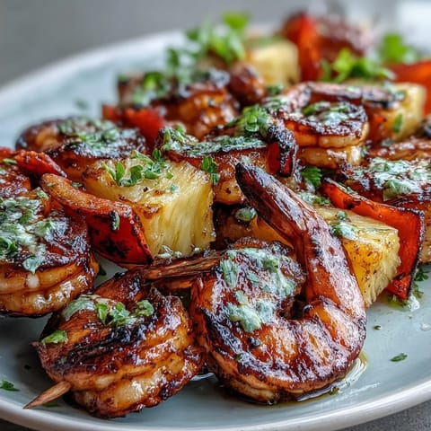 Grilled shrimp and pineapple skewers with cilantro lime, featuring juicy marinated shrimp and sweet pineapple chunks, grilled to perfection for a vibrant summer meal.