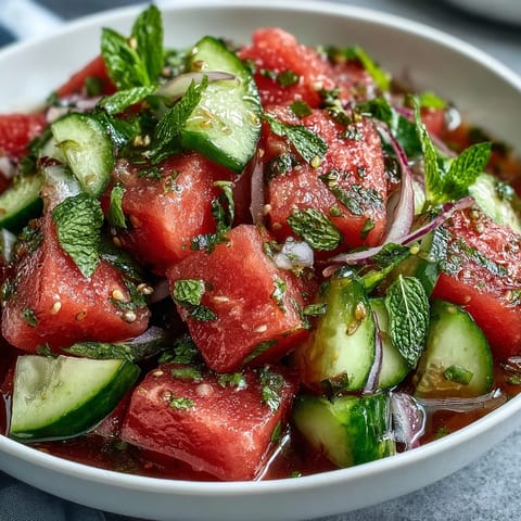 Vibrant summer salad featuring sweet watermelon, crunchy cucumber, and fresh mint leaves tossed in a tangy lime vinaigrette.