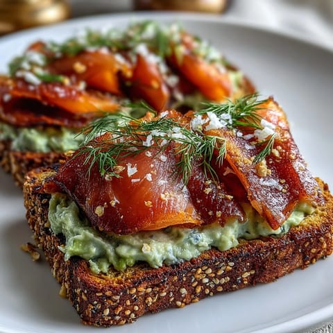 Fluffy keto bread slices topped with mashed avocado, smoked salmon, and everything bagel seasoning for a flavorful low-carb breakfast or brunch.