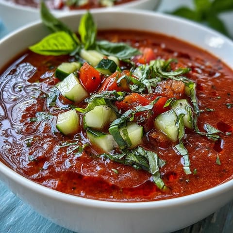 Chilled Slim Summer Gazpacho with Cucumber, Tomato, and Bell Pepper served in a clear glass, showcasing its bright red color and fresh vegetable chunks.