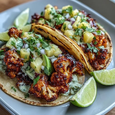 Crispy BBQ cauliflower tacos topped with fresh pineapple salsa and avocado slices. Vegan recipe for a smoky, tangy taco night.  