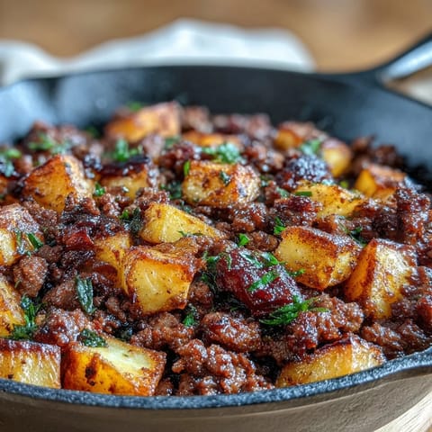 Hearty high protein ground beef with potatoes in a savory skillet meal, garnished with fresh parsley.
