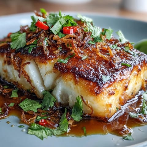 Crispy pan-seared white fish fillets glazed with tangy chilli-lime sauce and topped with fresh cilantro and crispy shallots.