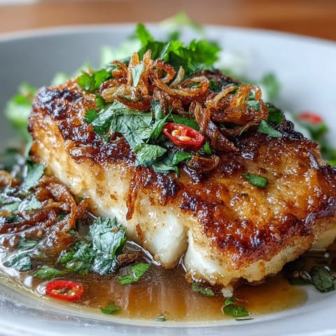 Golden-brown flaky fish served with vibrant chilli-lime sauce, garnished with aromatic cilantro and crunchy fried shallots for a Thai-inspired dish.