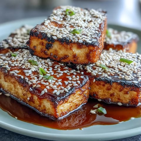 Golden sesame-crusted tofu steaks sizzling in a skillet, coated with black and white sesame seeds for a crunchy, savory vegan main dish.  