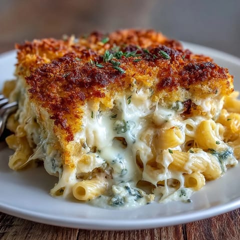 Four-cheese mac and cheese bake with golden breadcrumb topping, bubbling with creamy cheddar, Gouda, mozzarella, and blue cheese.