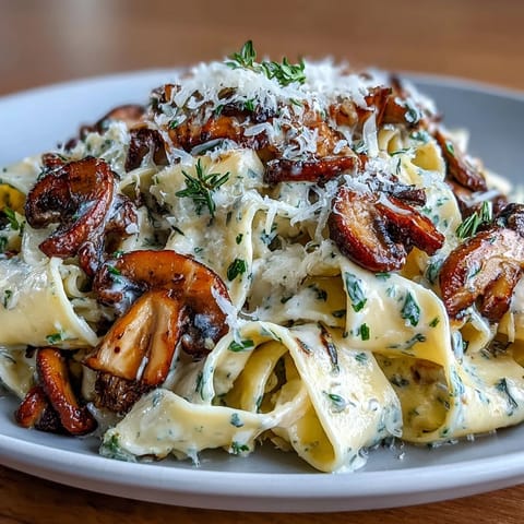 Creamy mushroom pasta with thyme and Parmesan, featuring tender pappardelle in a rich, velvety sauce with sautéed garlic and earthy mushrooms.
