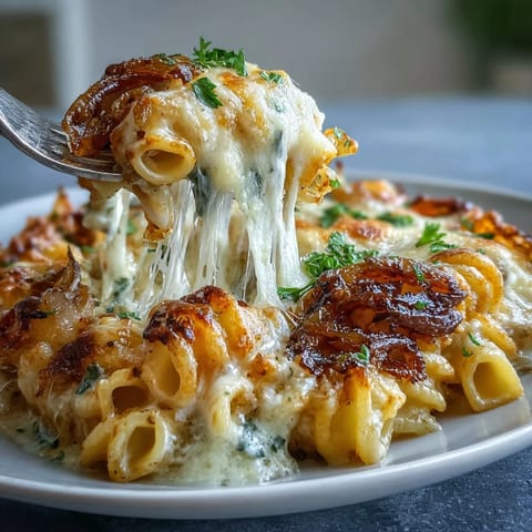 A bubbling French onion soup pasta bake topped with melted Gruyère and crispy caramelized onions.  