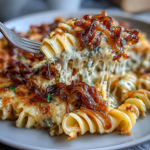 Rich and creamy French onion soup pasta bake with layers of cheese and tender pasta in a savory broth.  