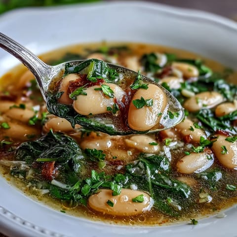 A steaming bowl of Tuscan white bean and spinach soup with tender vegetables and fresh herbs.  