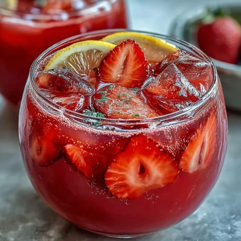 Vibrant pink lemonade strawberry punch with fresh fruit slices, perfect for Galentines Day celebrations.