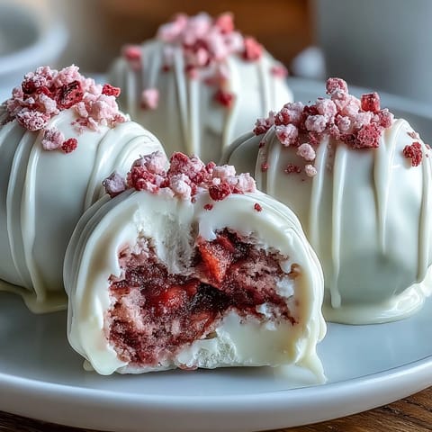 Decadent strawberry truffles dipped in smooth white chocolate, garnished with crushed freeze-dried berries for a romantic treat.
