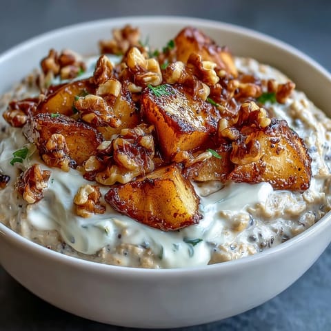 Warm cinnamon apples and toasted walnuts top these protein-rich overnight oats, perfect for busy mornings.