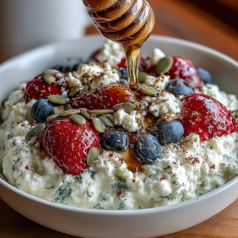 Cottage cheese breakfast bowl with berries and seeds, topped with crunchy almonds and chia for a protein-rich start.  