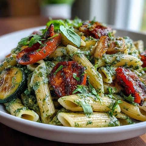Roasted veggie and pesto pasta with cherry tomatoes served in a bowl with fresh basil and Parmesan.  