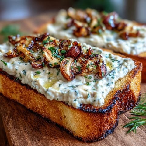Creamy white bean and roasted garlic spread generously slathered on crisp sourdough toast, garnished with fresh thyme.  