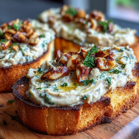 Smooth white bean dip with sweet roasted garlic, perfect for spreading on golden sourdough slices as a vegan appetizer.  