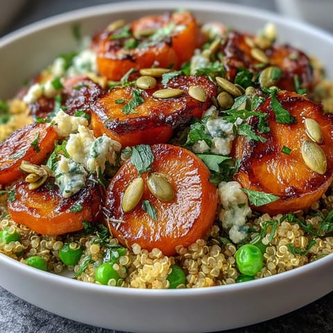 Roasted carrots and green peas served over fluffy quinoa with a tangy lemon dressing.  