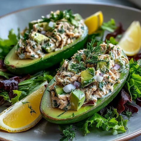Creamy avocado halves filled with zesty chickpea salad, garnished with parsley and lemon wedges.