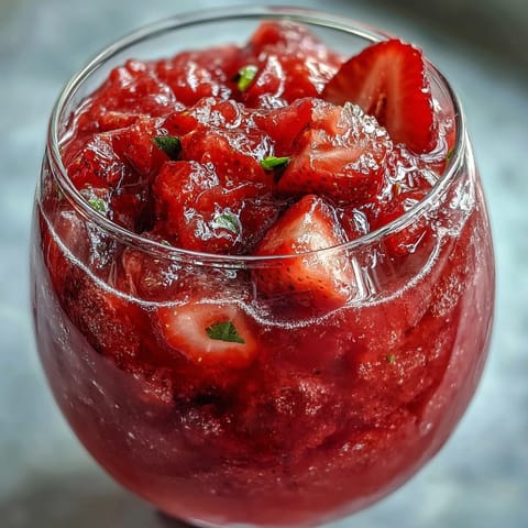 A frosty glass of Light Strawberry Daiquiri Slushies topped with fresh strawberry slices and a lime wedge, perfect for summer sipping.