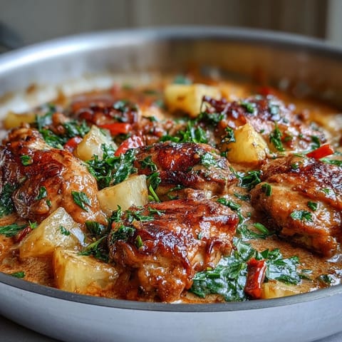 Vibrant one-pot chicken pineapple coconut curry with tender chicken, sweet pineapple, and creamy coconut milk in a fragrant Thai-inspired sauce.  