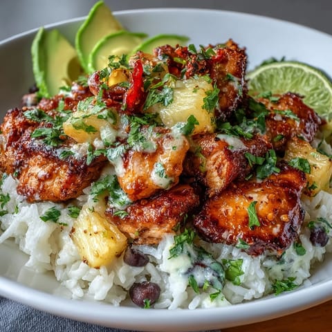 1. Colorful Chicken Pineapple Taco Bowls with Coconut Rice, featuring juicy spiced chicken, fresh pineapple salsa, and creamy coconut rice.